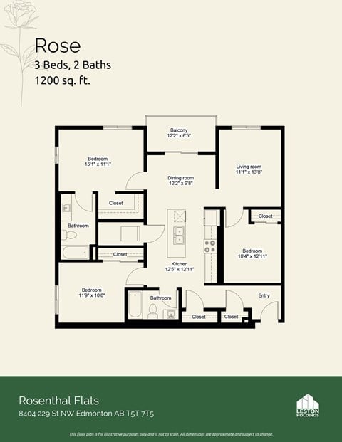 Floor plan for 3 beds, 2 baths, 1281 sqft